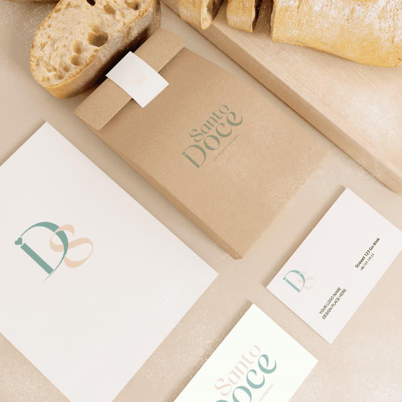Papelaria e embalagem kraft da Santo Doce, confeitaria artesanal, com cartões e papel timbrado